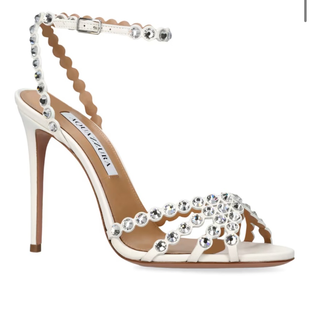 Aquazzura Leather Tequila 105 Sandals White Stiletto Heels with Crystals